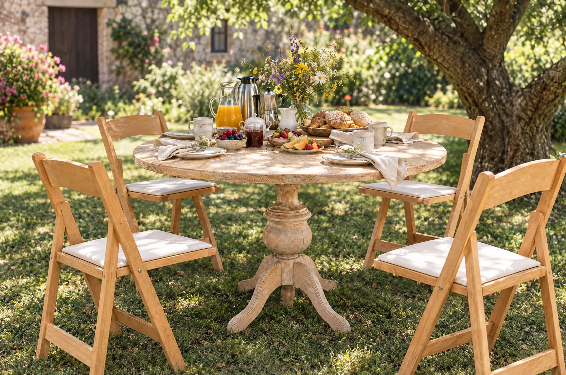 El brunch del día siguiente: mesa redonda Pedestal con sillas Avant Garde natural.