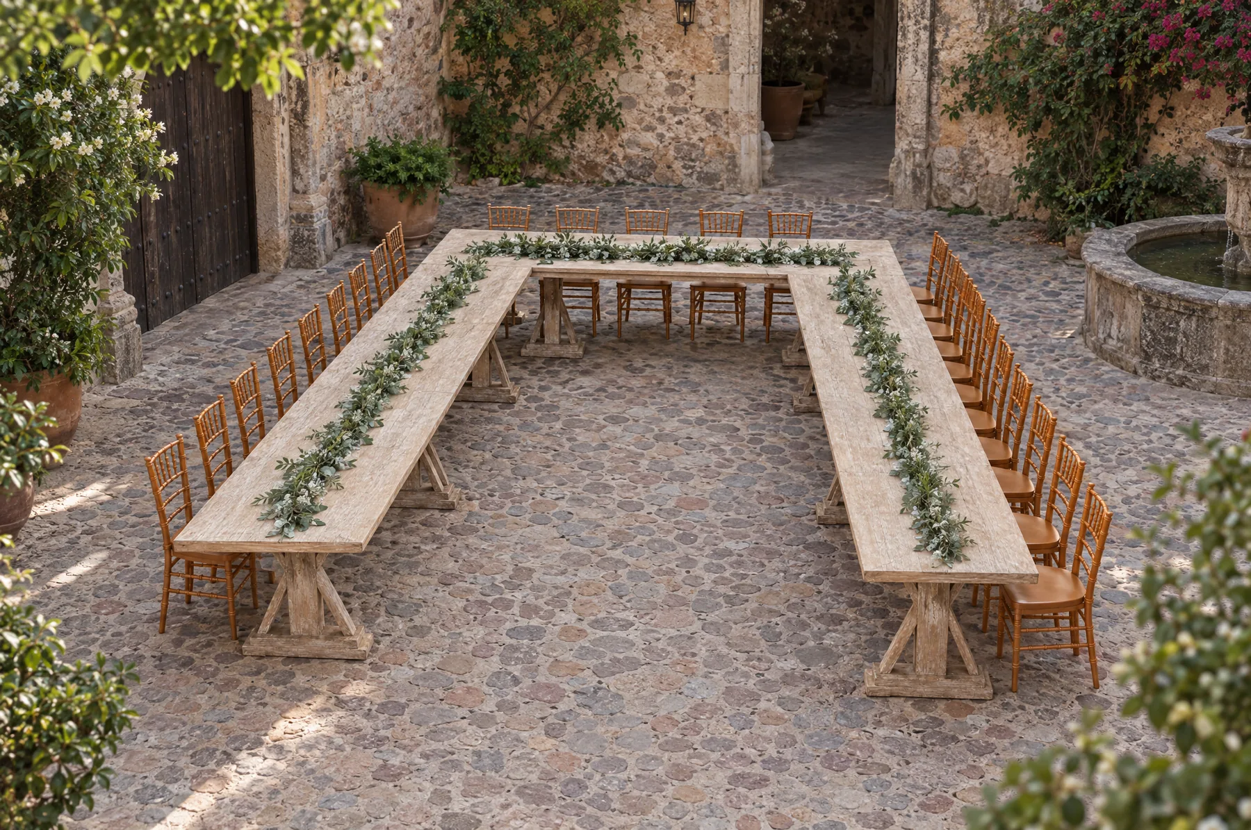 Mesas Pedestal armadas en U con sillas Tiffany caramel.