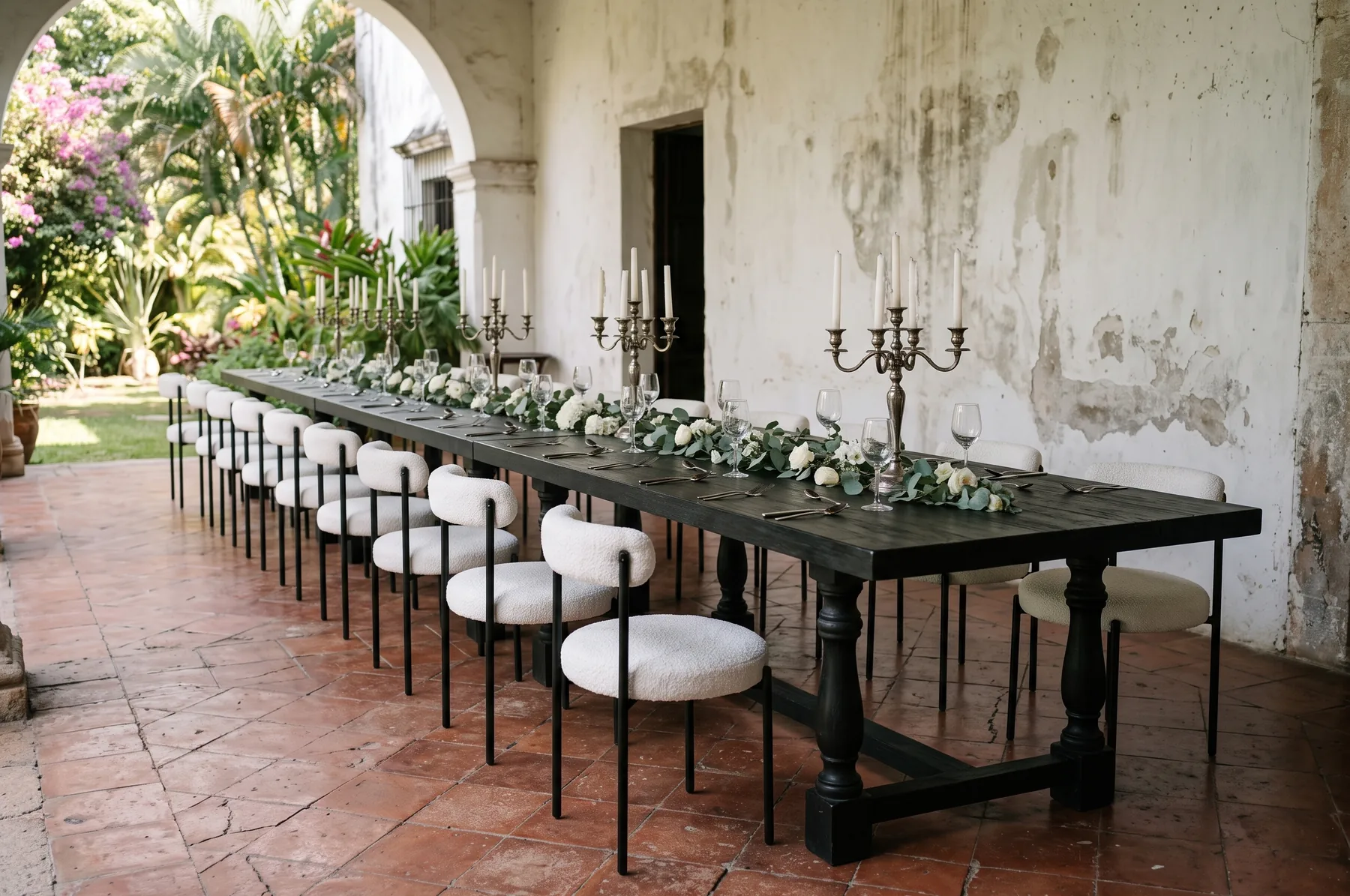 Candelabros y charolas de plata sobre mesa Carlota negra con sillas Simonne white.