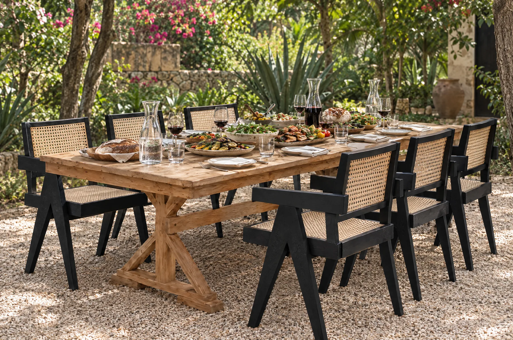 Platones al centro sobre mesa Toscana con sillas Palermo.