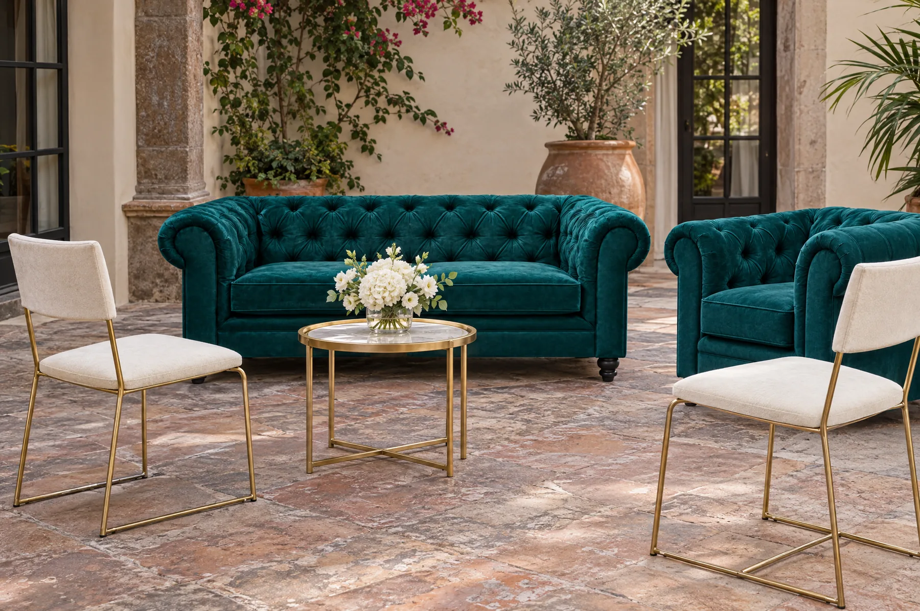 Sala abotonada cerceta con sillas Smith off white y dorado.