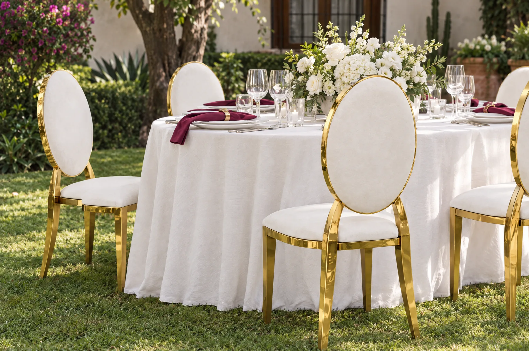 Base en blanco con sillas Isabel off white y un solo acento de color.