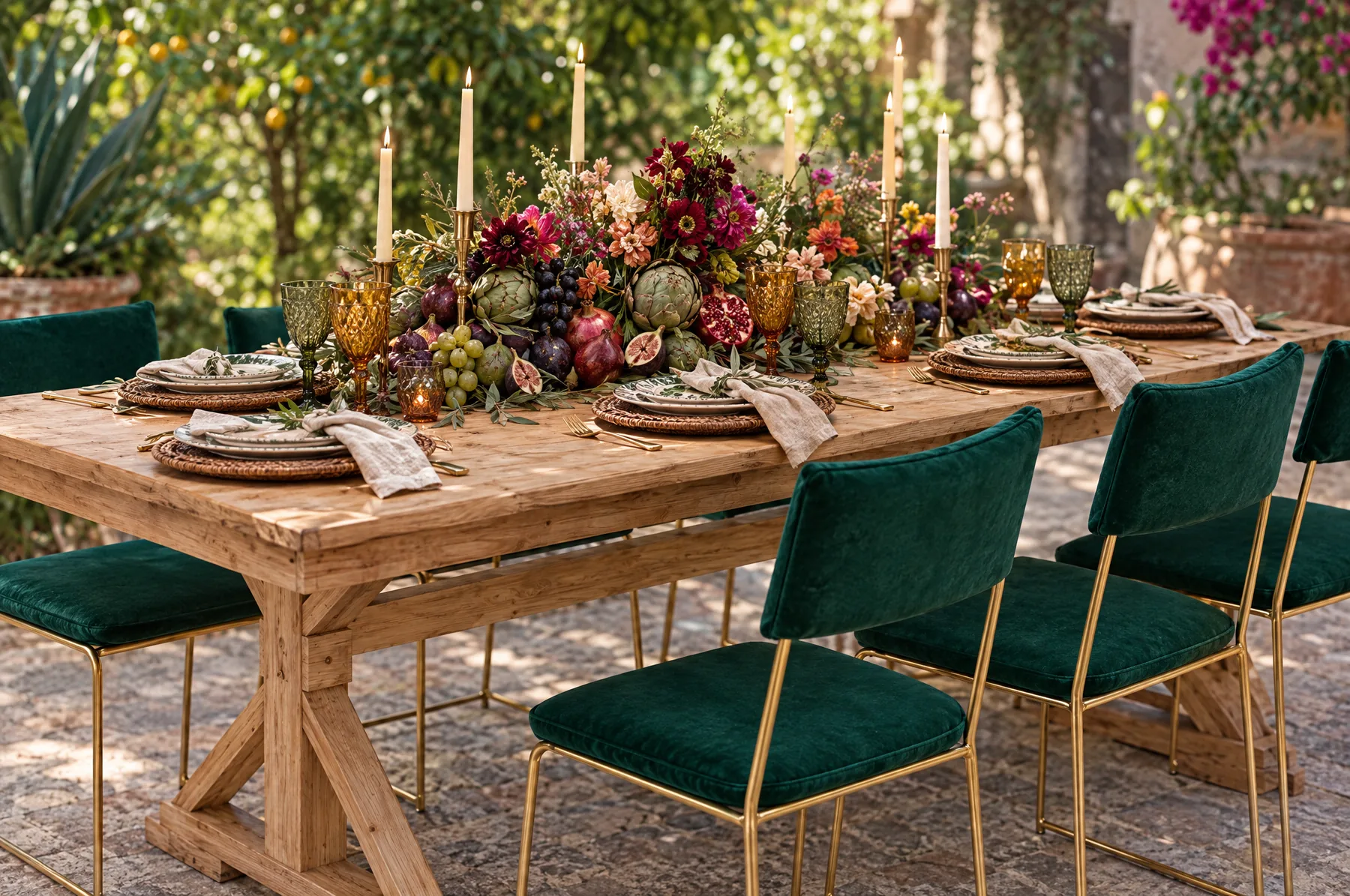 Mesa con platos base, cristalería de color y centro de fruta, con sillas Smith esmeralda.